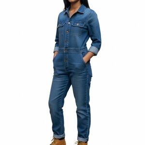 Y2K Current Elliott Blue Denim Jumpsuit SZ 2 Utility Long Sleeve 90s J.Lo Style